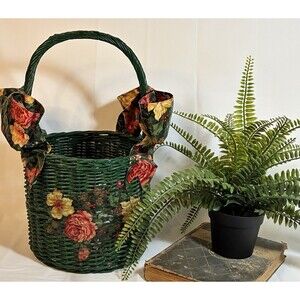 Hand Painted Green Wicker Basket Floral Decoupage Cottagecore Garden Decor 16”